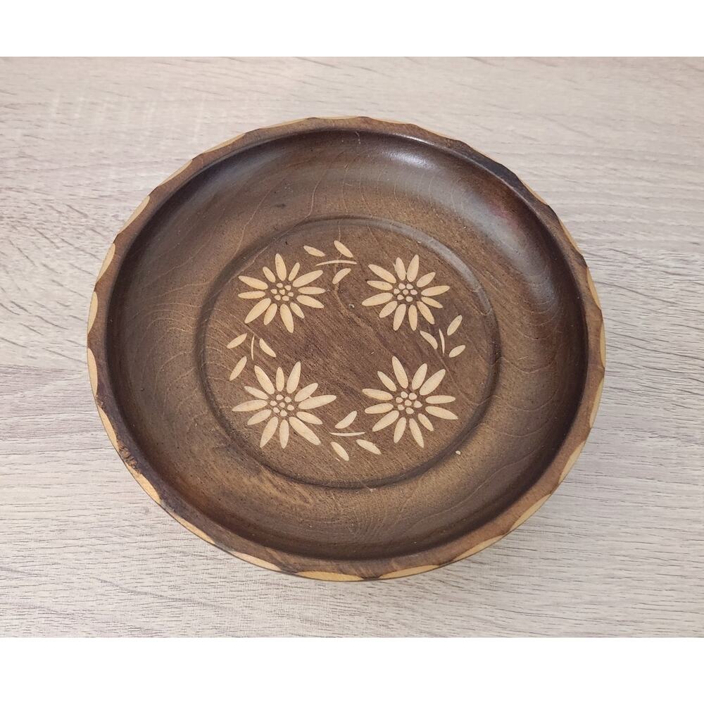 Vintage Swiss Musical REUGE Wood Carved Floral Dish Pedestal Stand Plate Round - Picture 2 of 10